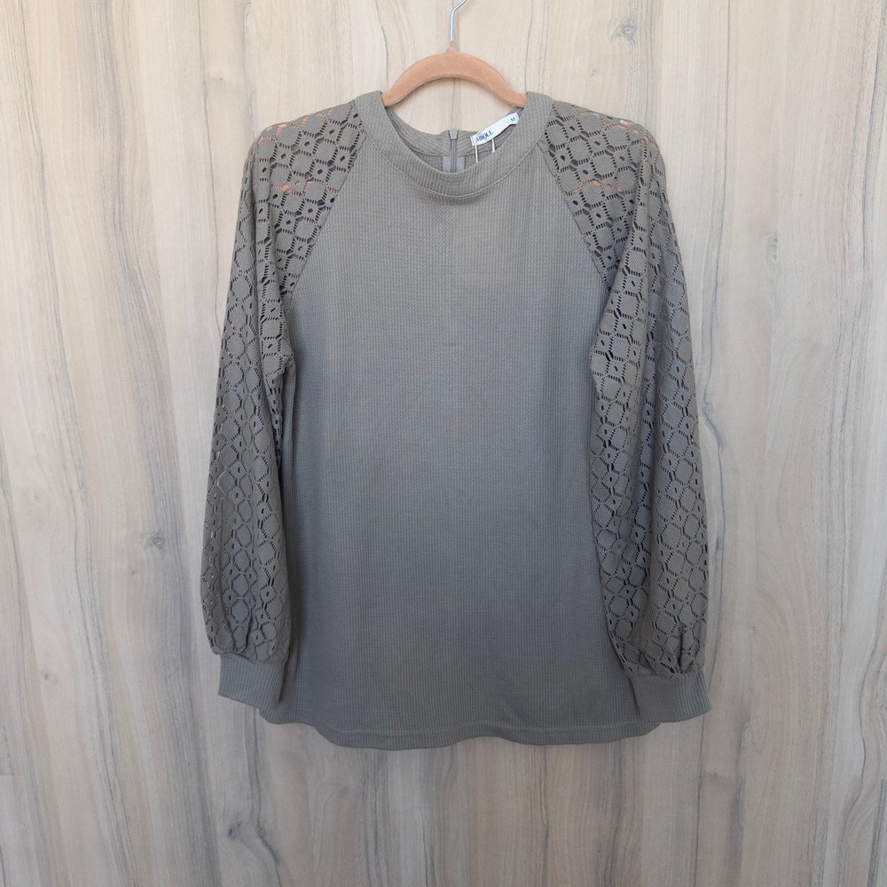 Womens Lace Long Sleeve Waffle Knit Top M Taupe Romantic Minimalist Boho Cottage